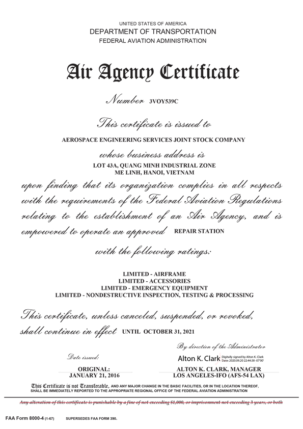 FAA Air Agency Certificate 3VHY491D